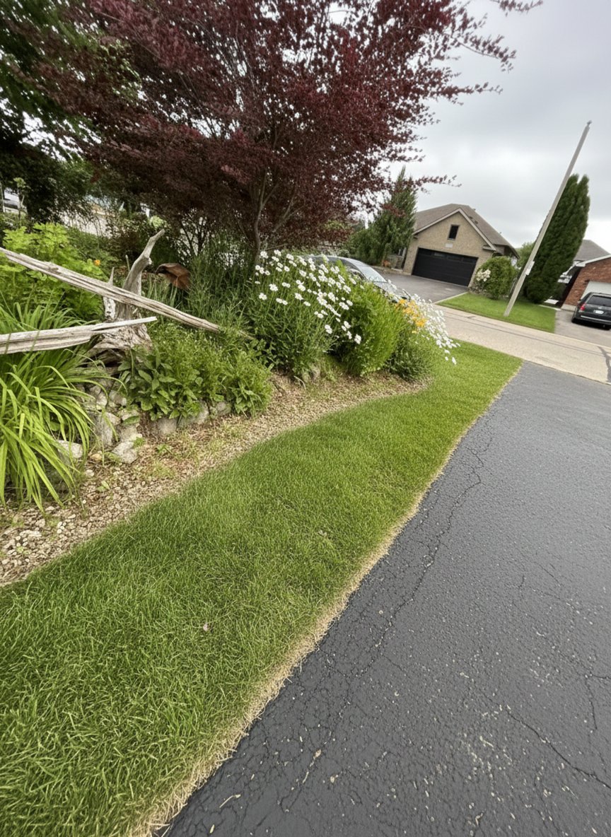 Professional lawn care and landscaping work by Green Grass Lawn Care Service in Brantford, Ontario - beautifully maintained residential lawn with precise edging and lush green grass